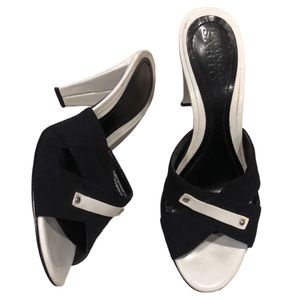 FRANCO SARTO PEEP TOE CHUNKY HEELED MULES BLACK WHITE SIZE 7